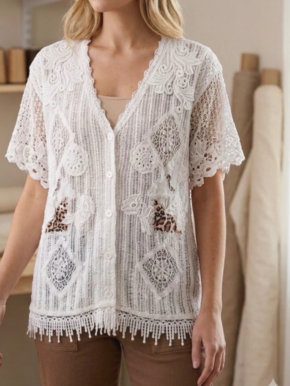 Made in Italy Cotton - Lace Crochet Button-Front Women’s Tunic Top in White